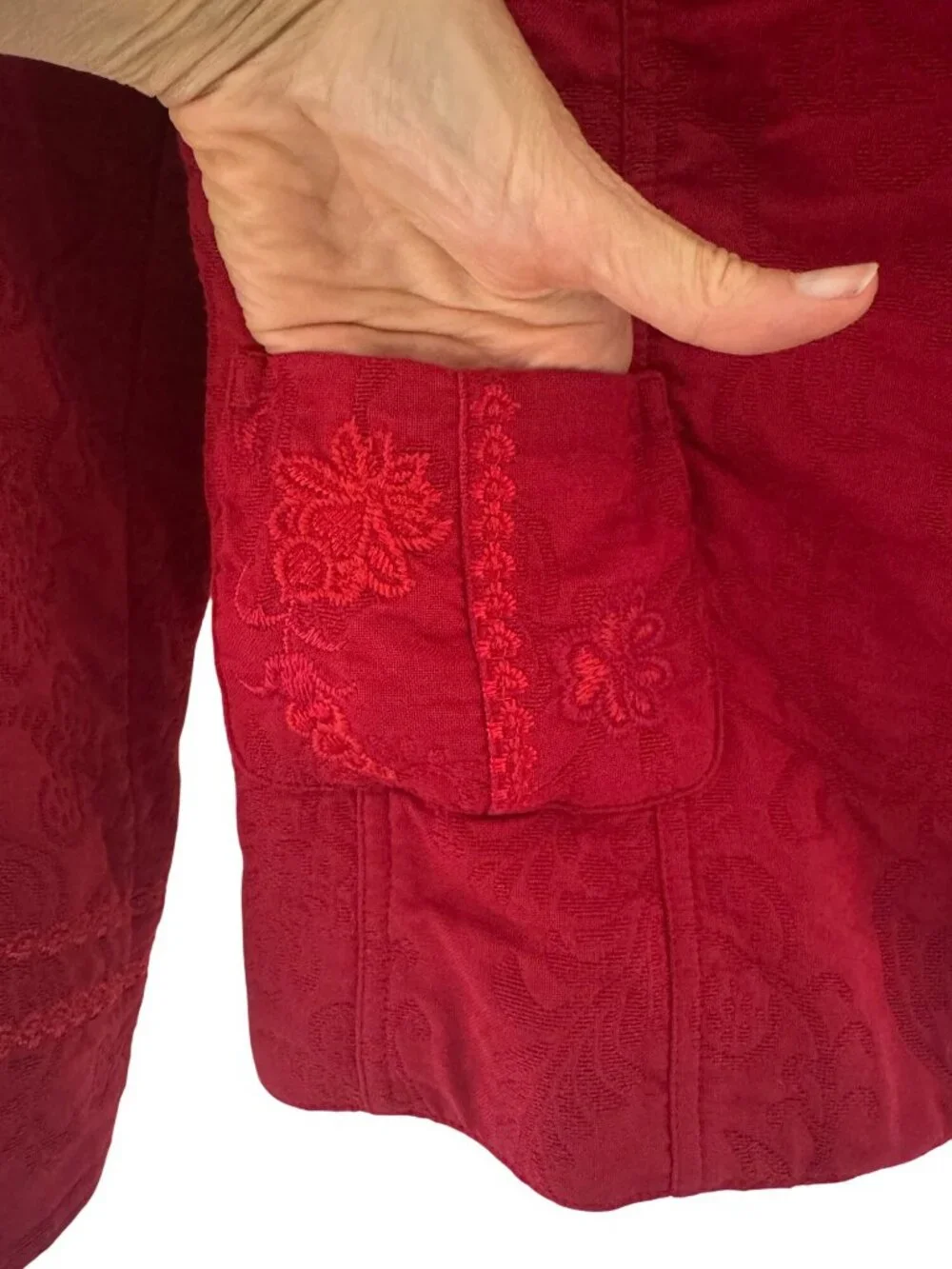 Coldwater Creek Red Jacquard Button Jacket Size 14 Blazer Pockets Coat Holiday
